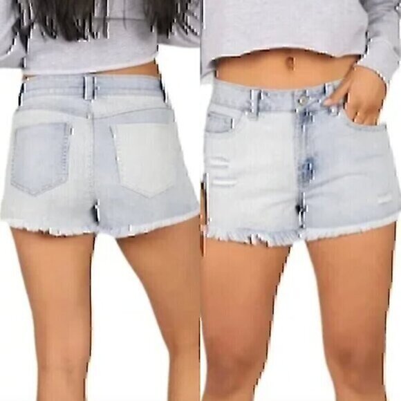 REWASH Light Wash Railroad Stripe Patchwork High Waisted Denim Jean Shorts 13 31 - Picture 1 of 12